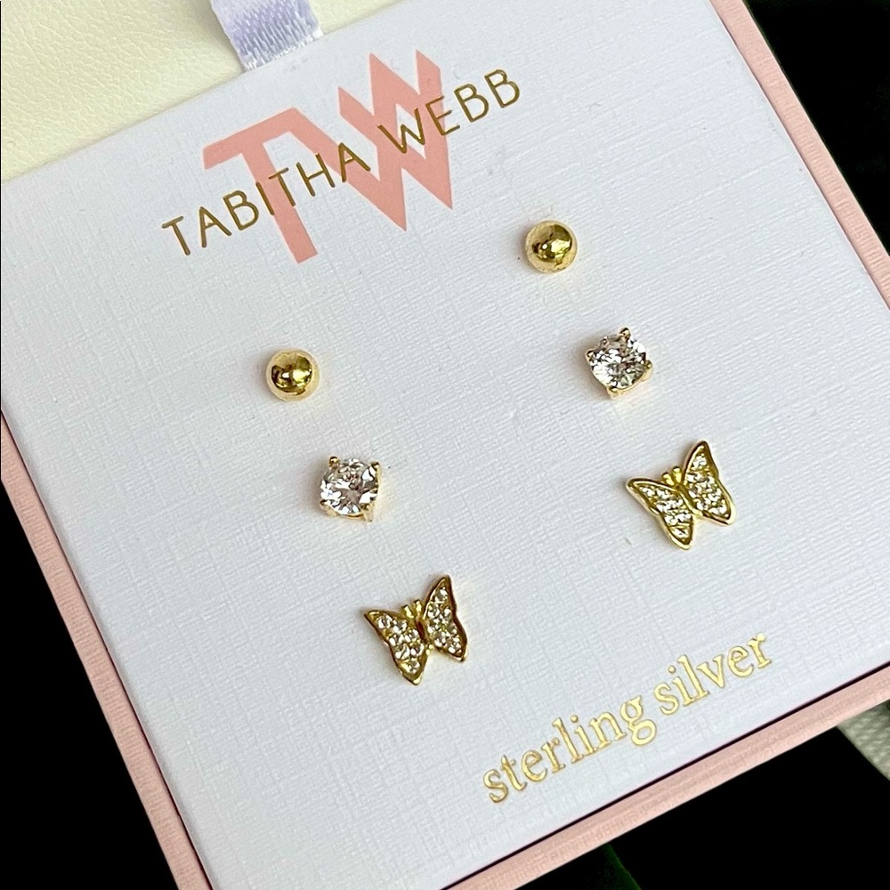 TABITHA WEBB Sterling Silver set of 3 pair stud earrings butterfly cz